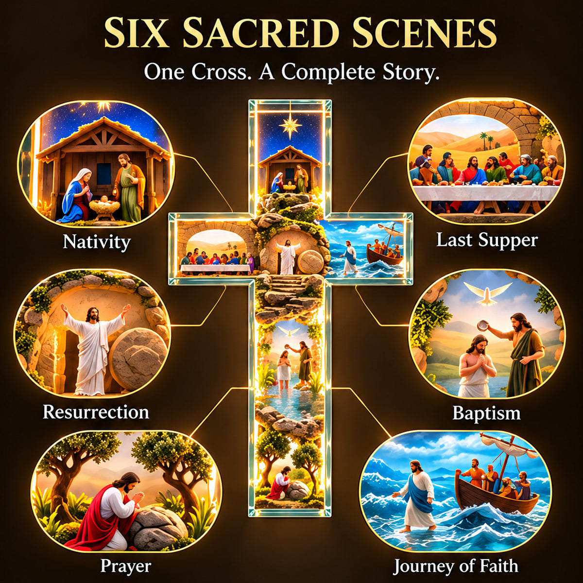 Illuminated Six-Scene Faith Cross